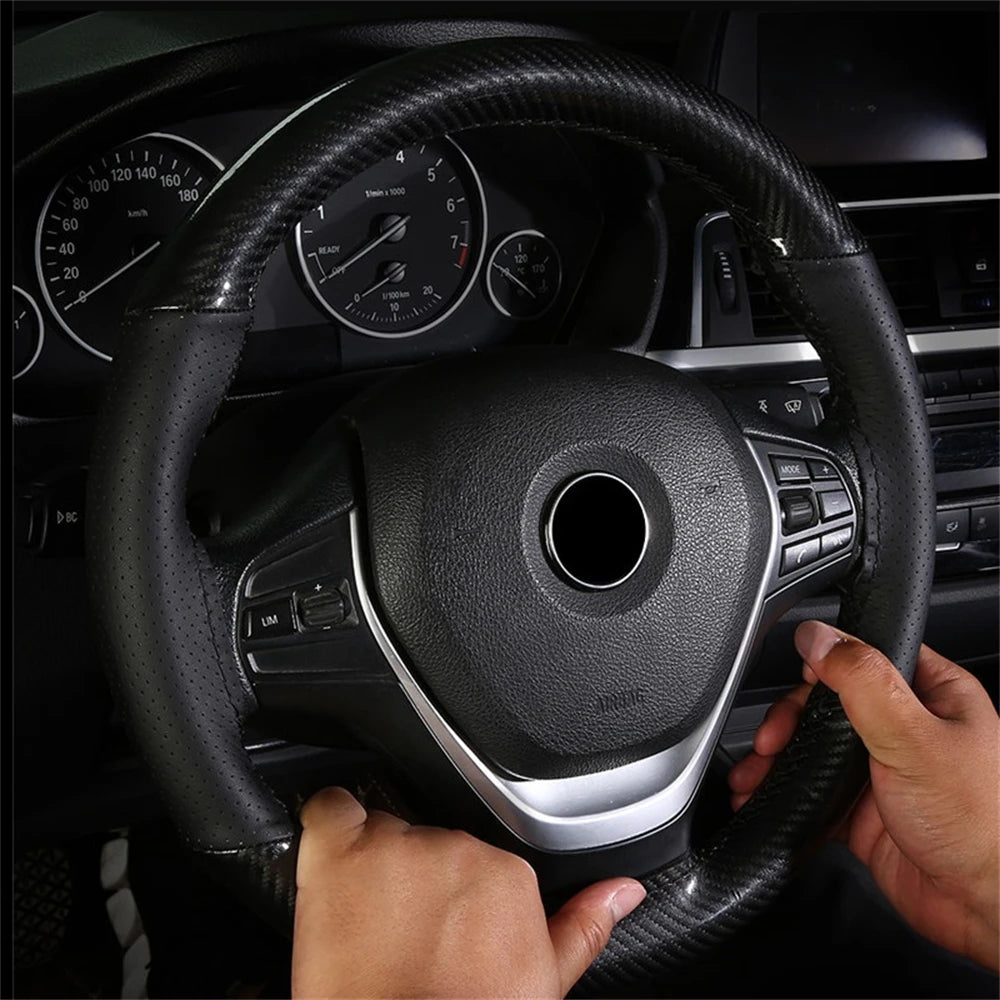 Funda universal de cuero para volante de coche, con costuras deportivas de carbono