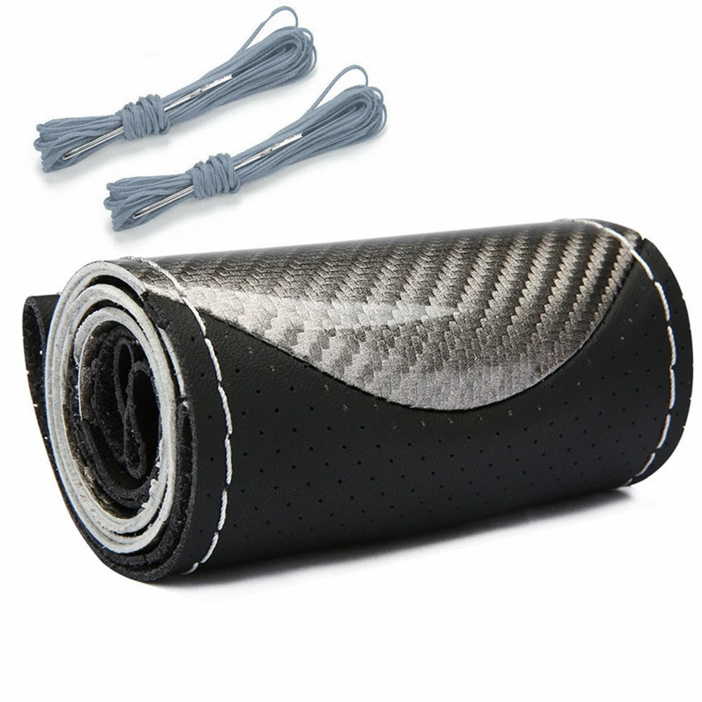 Funda universal de cuero para volante de coche, con costuras deportivas de carbono